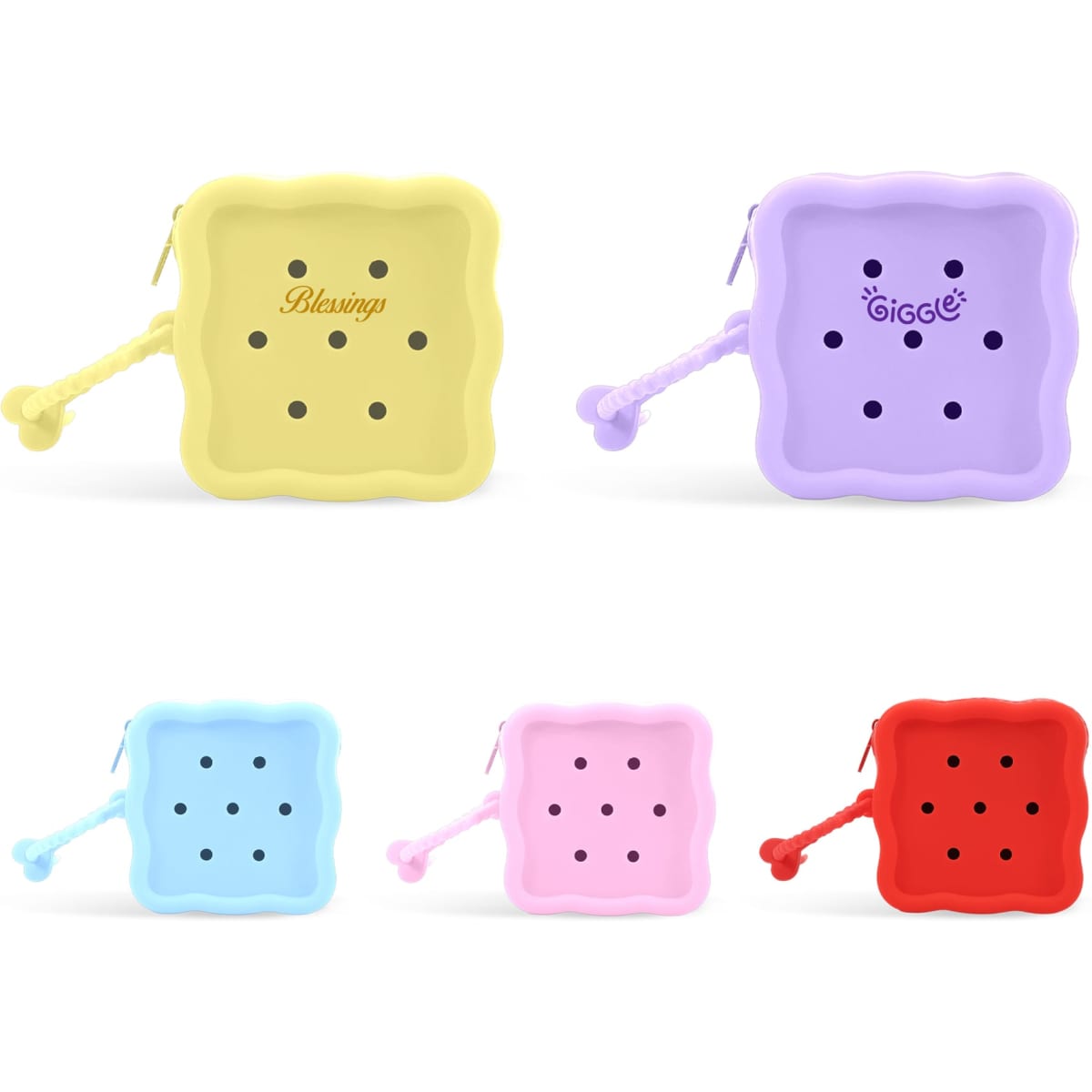 A square silicone pouch in yellow, purple, blue, pink, and red, with dotted holes and a handle. It features logos.