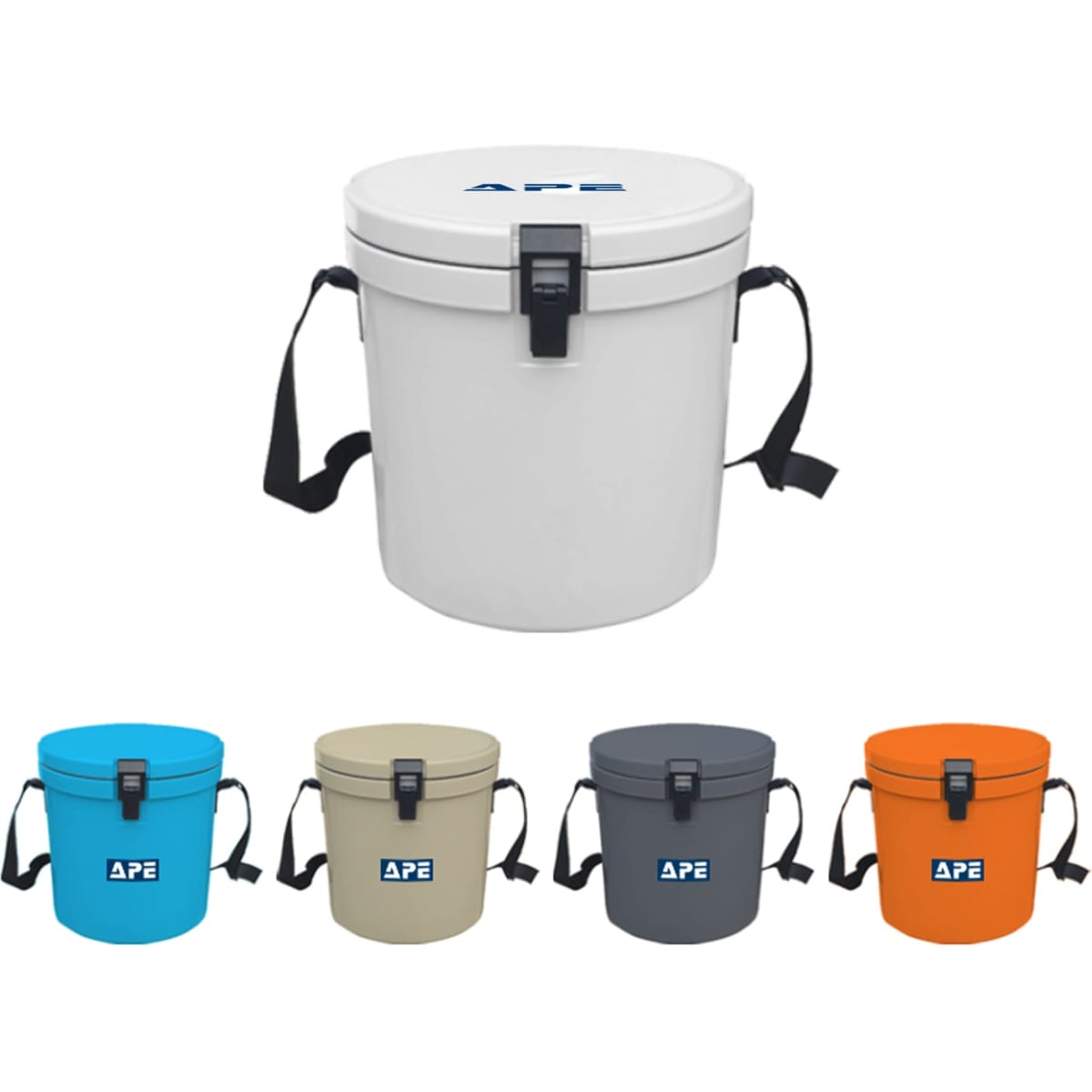 A 12L ice bucket in various colours with a handy rope and a logo on the lid.