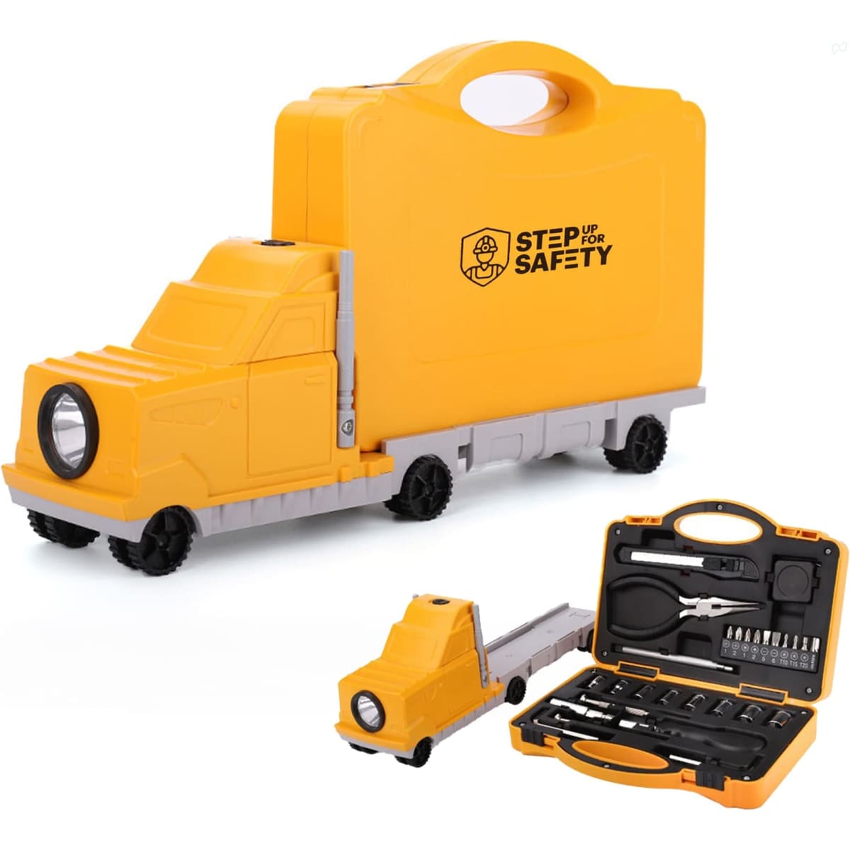 A yellow truck-shaped tool kit with a handle, featuring various tools and a light, displayed alongside the kit.