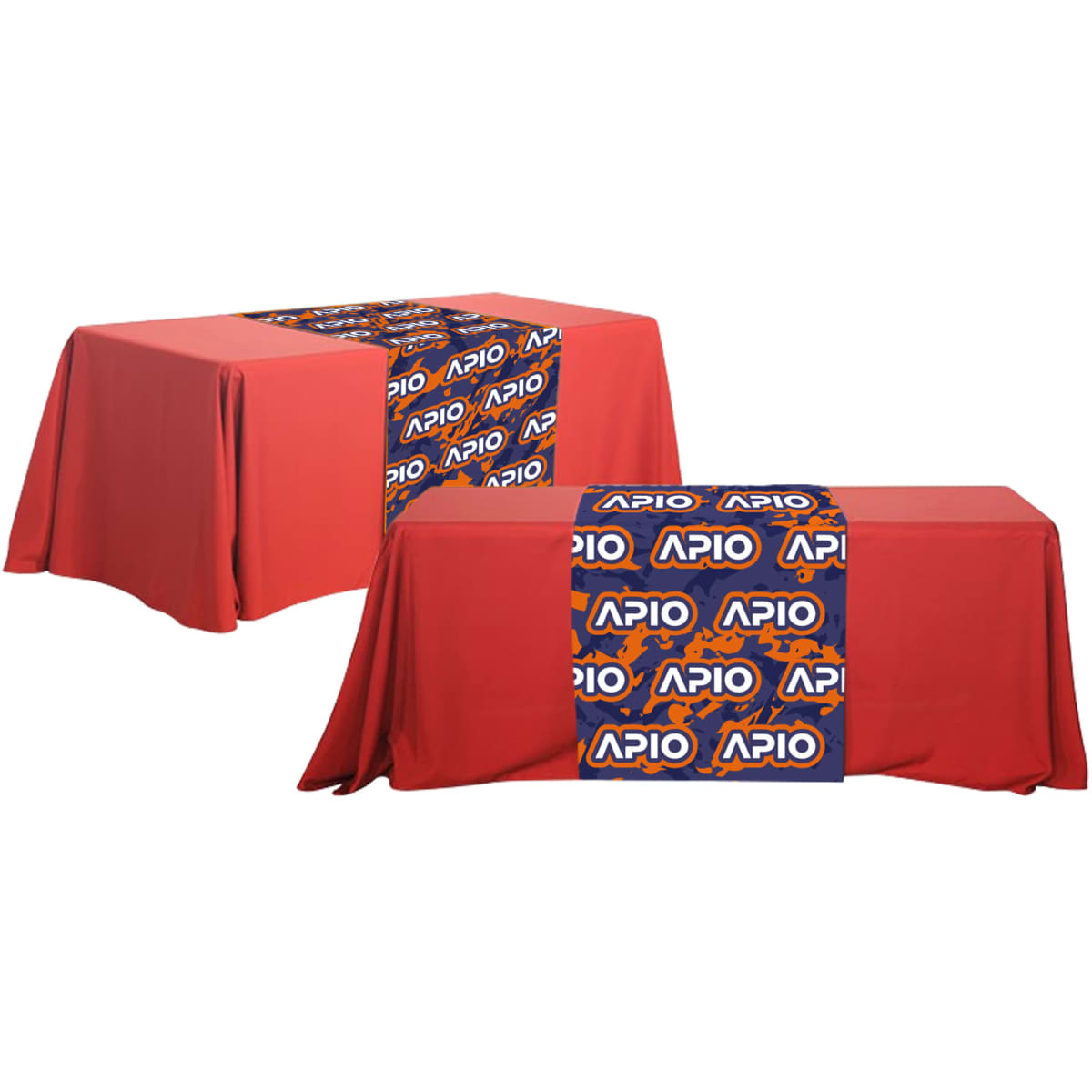 A red table runner with a central section featuring a logo on a blue background.