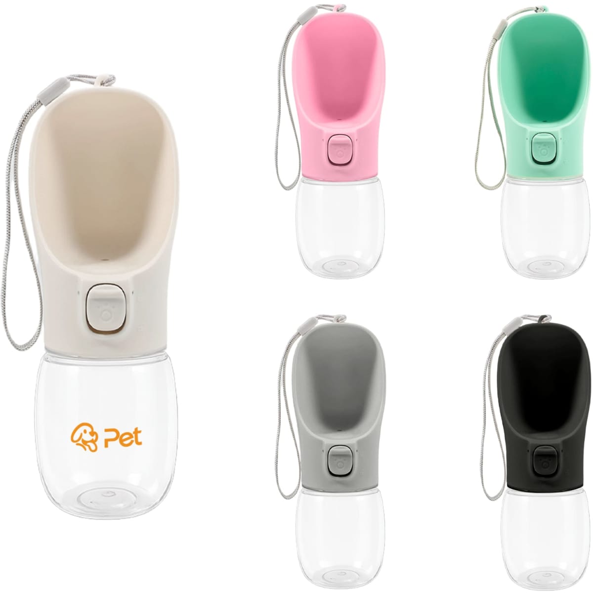 A drink bottle for pets in pink, mint, grey, black, and beige, featuring a logo and a leash attachment.