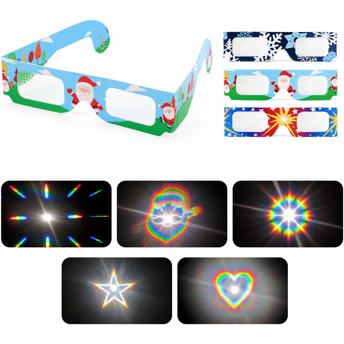 Paper diffraction glasses with a blue design featuring Santa, accompanied by images of various light patterns and shapes.