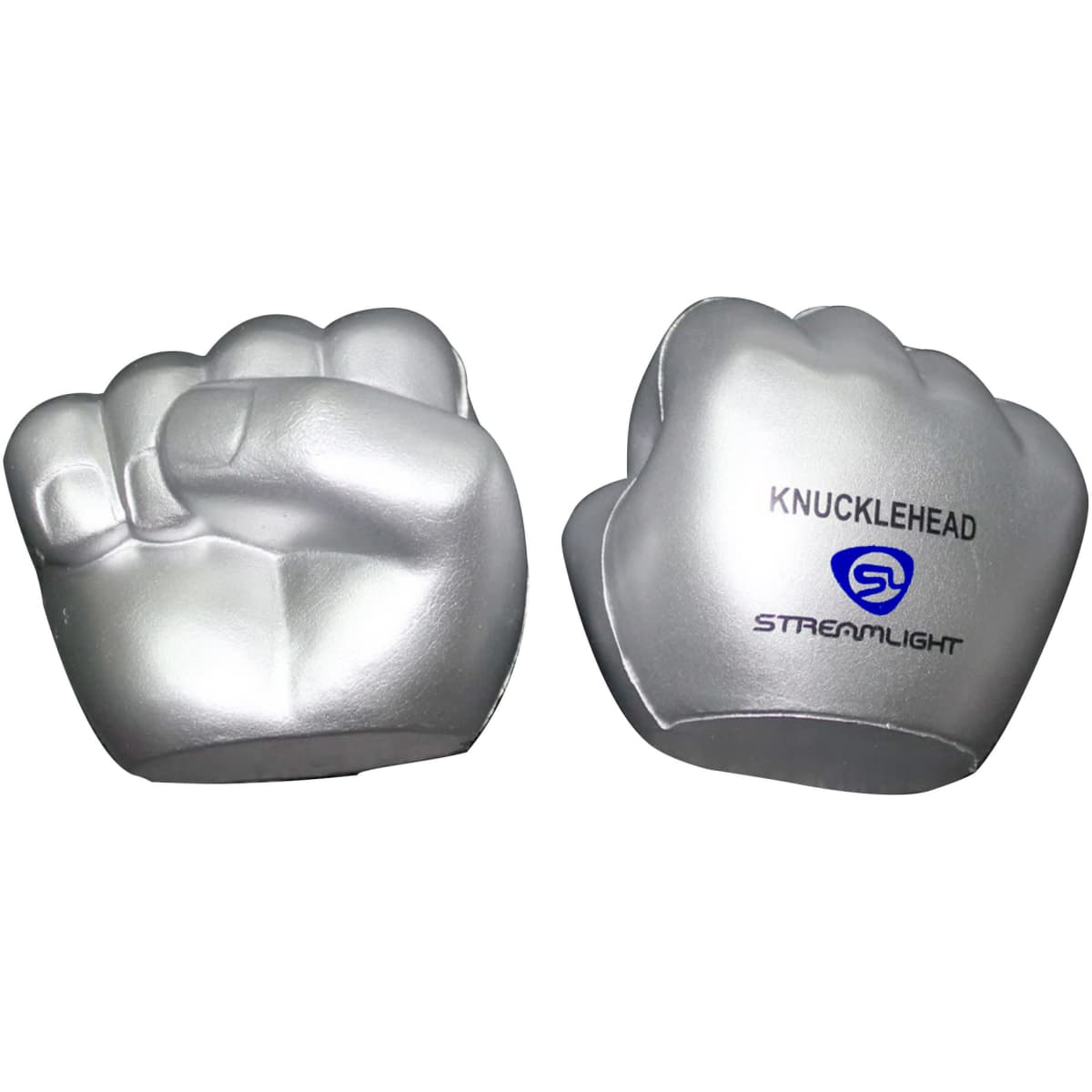 Clenched fist-shaped stress relievers in silver, featuring a logo on one side.