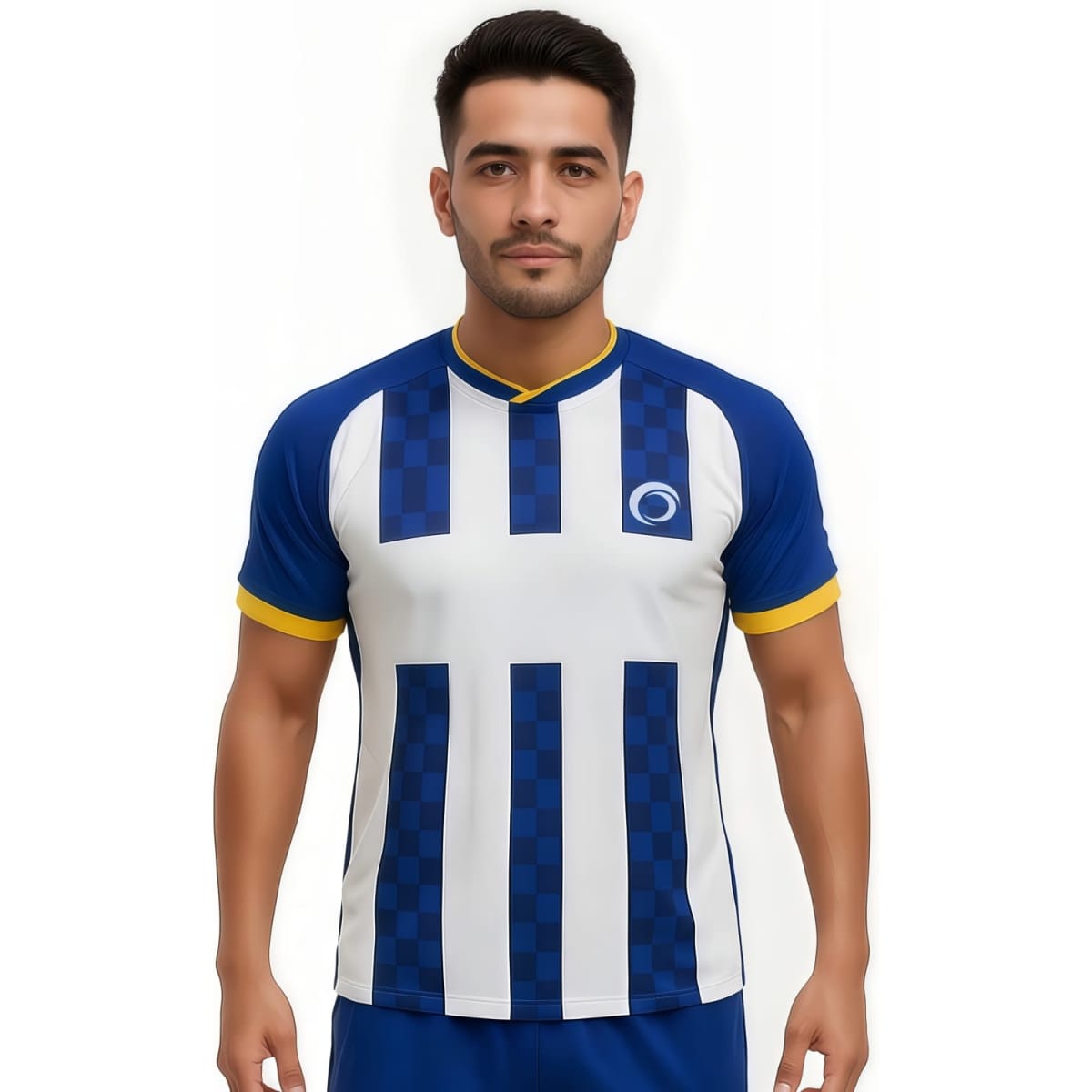 A breathable blue and white cross neck raglan T-shirt featuring a logo. Suitable for casual wear or sports.