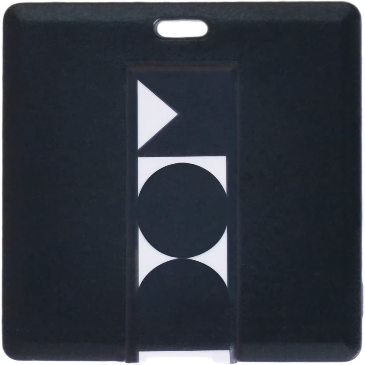 A square black flash drive featuring a geometric design and a small hole for easy attachment.