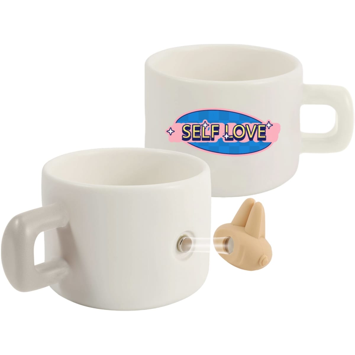 A white ceramic mug with a handle, featuring a logo and a small silicone accessory.