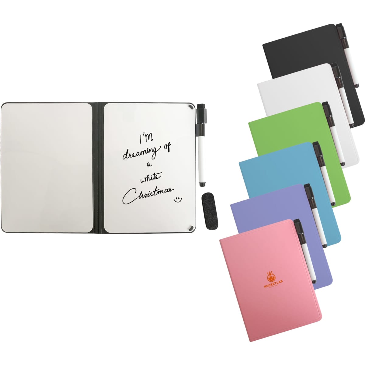A5 whiteboard notebook with a black marker, available in multiple colours: white, green, purple, blue, and black.