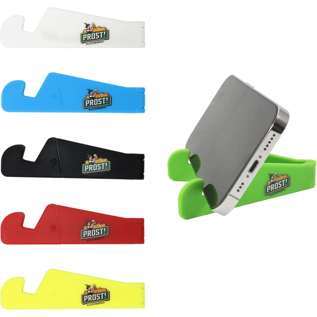 A V-shaped iPhone and iPad stand in black, white, blue, green, red, and yellow with a logo.