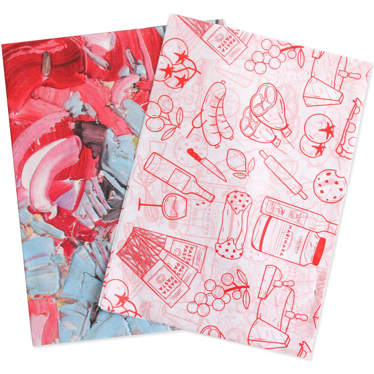A set of two Kraft paper sheets, one with a red and blue abstract pattern and the other featuring red line drawings of food items.