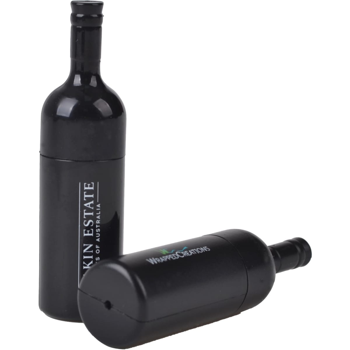 A drink bottle-shaped black flash drive with a logo, featuring a removable cap at the top.