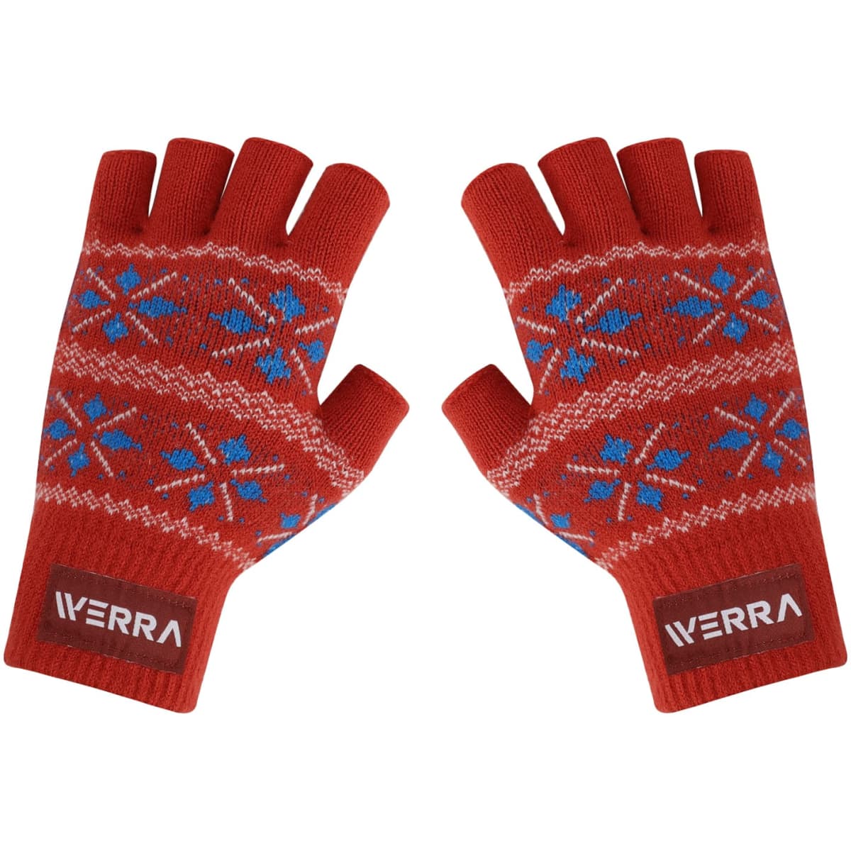 A pair of red fingerless gloves with blue and white snowflake patterns and a branding logo.