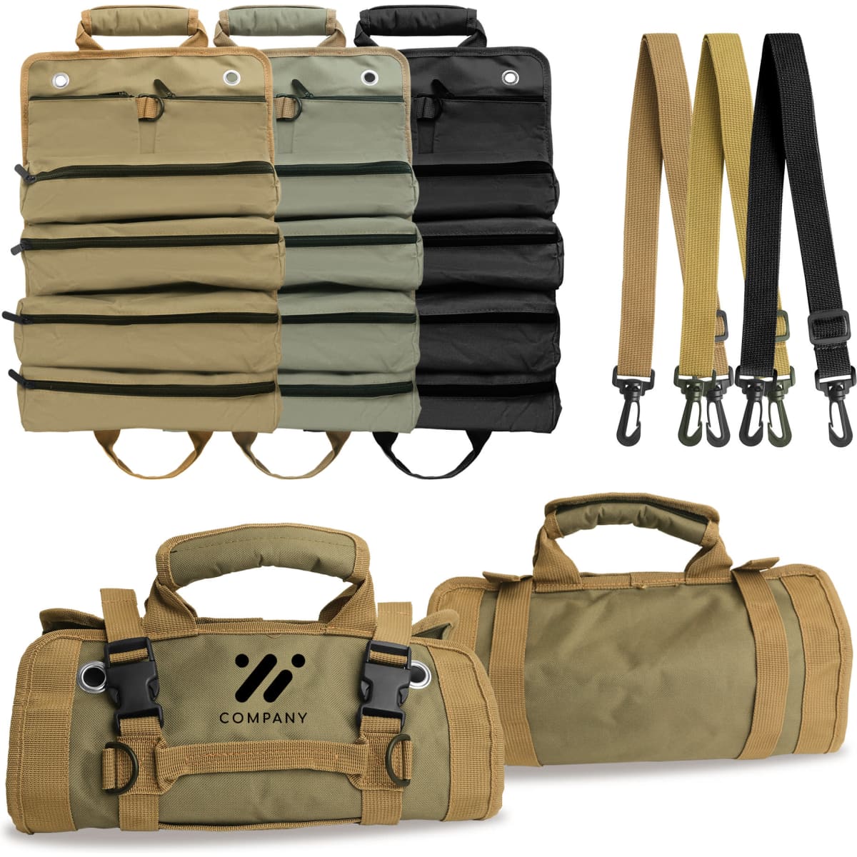 A roll-up tool bag in khaki, green, and black, with detachable straps and handles for easy carrying.