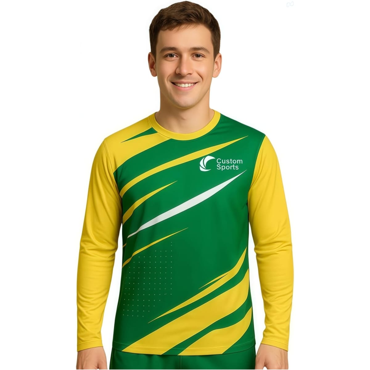 A long sleeves sports shirt in green and yellow, featuring a logo and dynamic design elements.