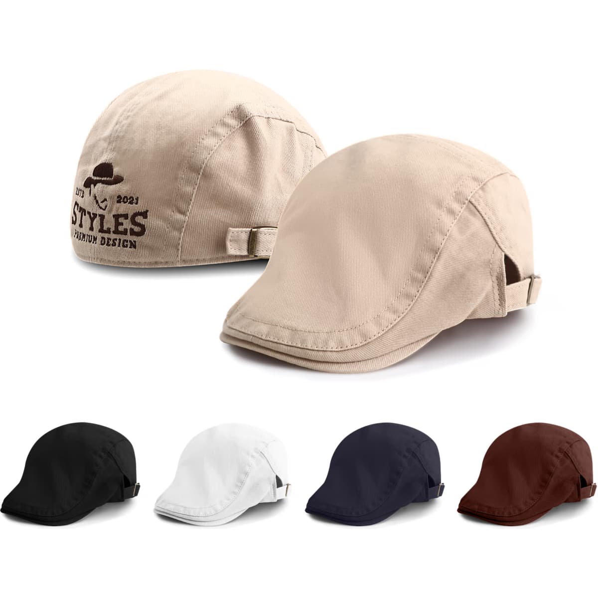 A beret hat displayed in beige with a logo, alongside options in black, white, navy, and brown.