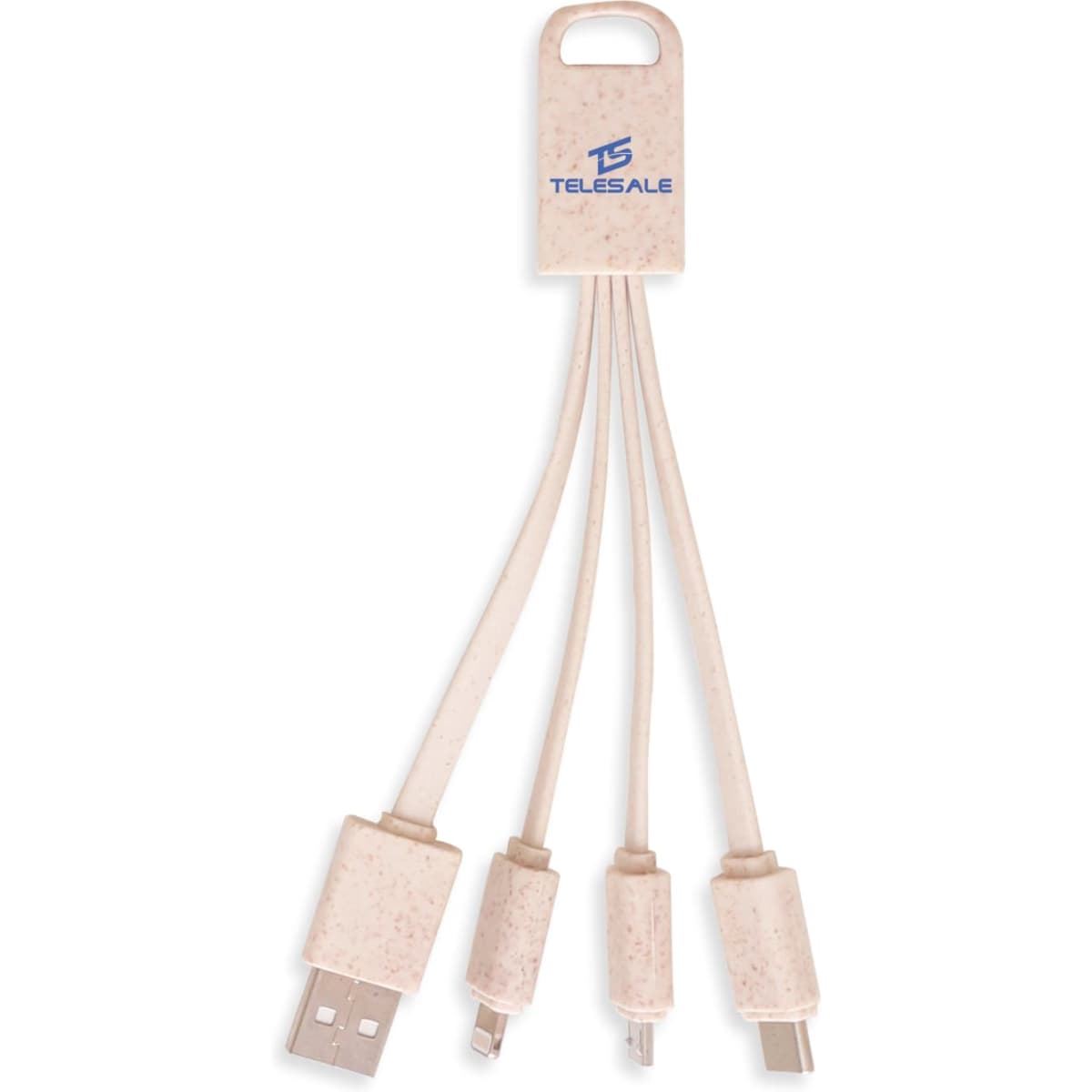 A square-shaped wheat straw charging cable in beige, featuring a USB connector and multiple charging tips.