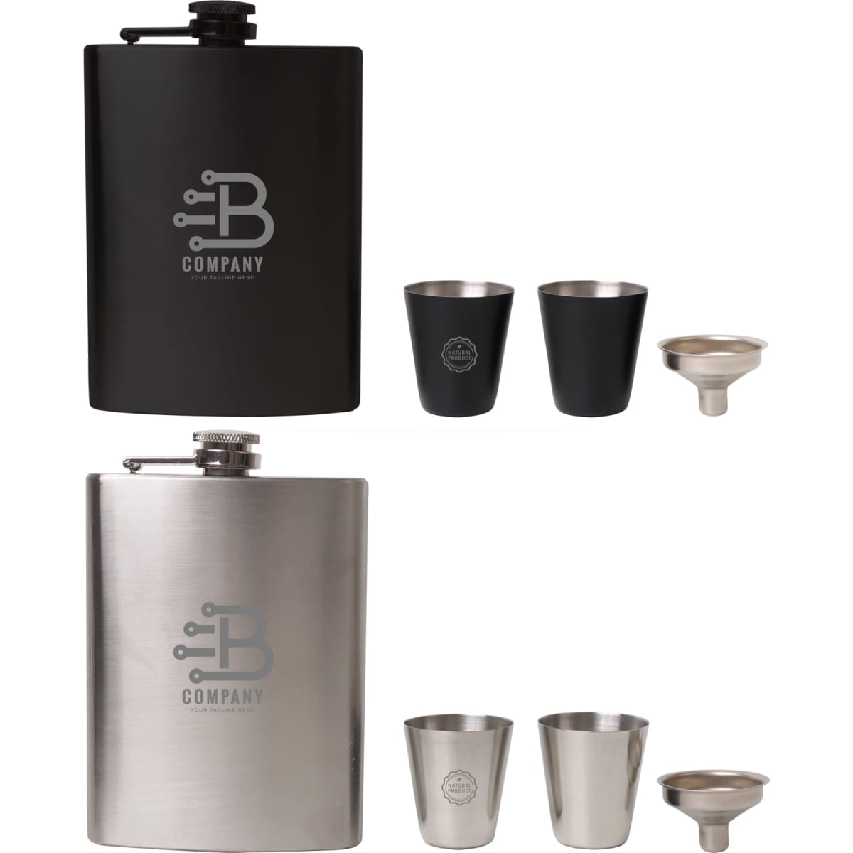 A stainless steel hip flask set in black and silver, including two cups and a funnel, with branding on the flask.