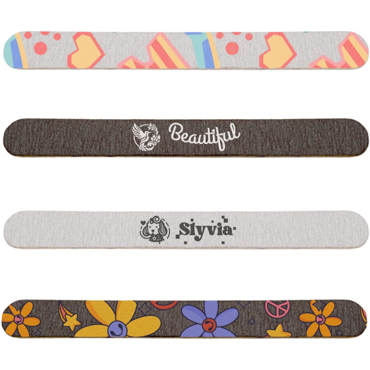 A pack of wooden straight nail files featuring colourful patterns and designs, including floral and abstract motifs.