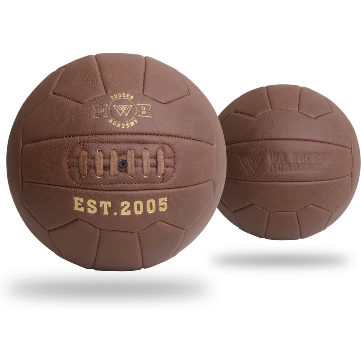 A vintage brown soccer ball featuring stitching details and a logo, set against a plain background.