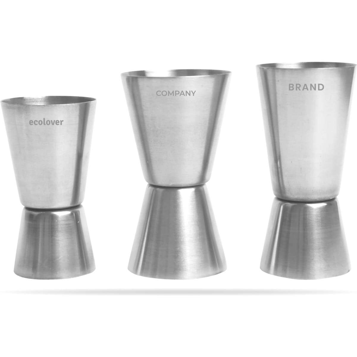 A set of three stainless steel double jiggers in different sizes with a branded logo on one.