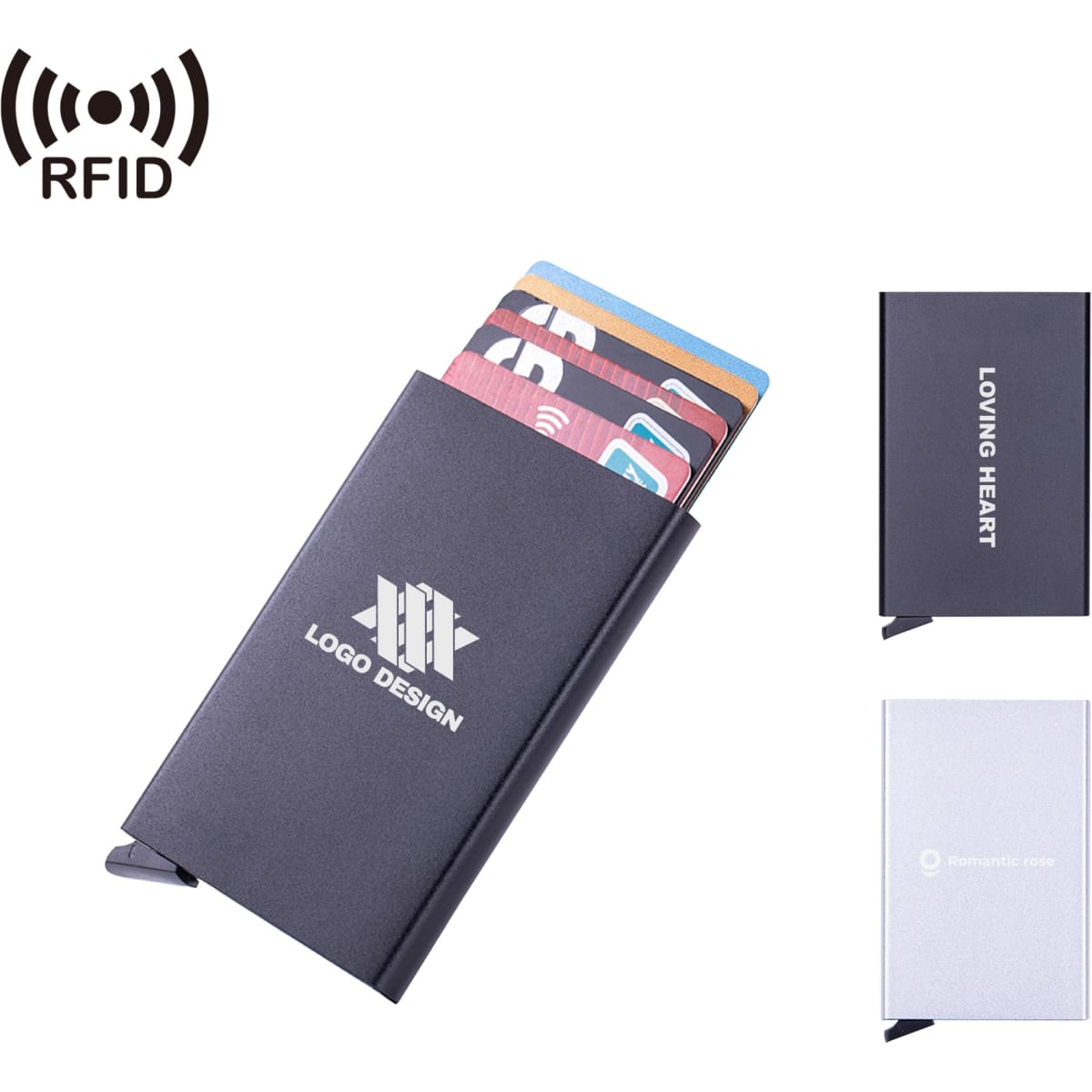 A sleek black metal RFID card holder with a logo, holding several cards. Features a minimalist design.