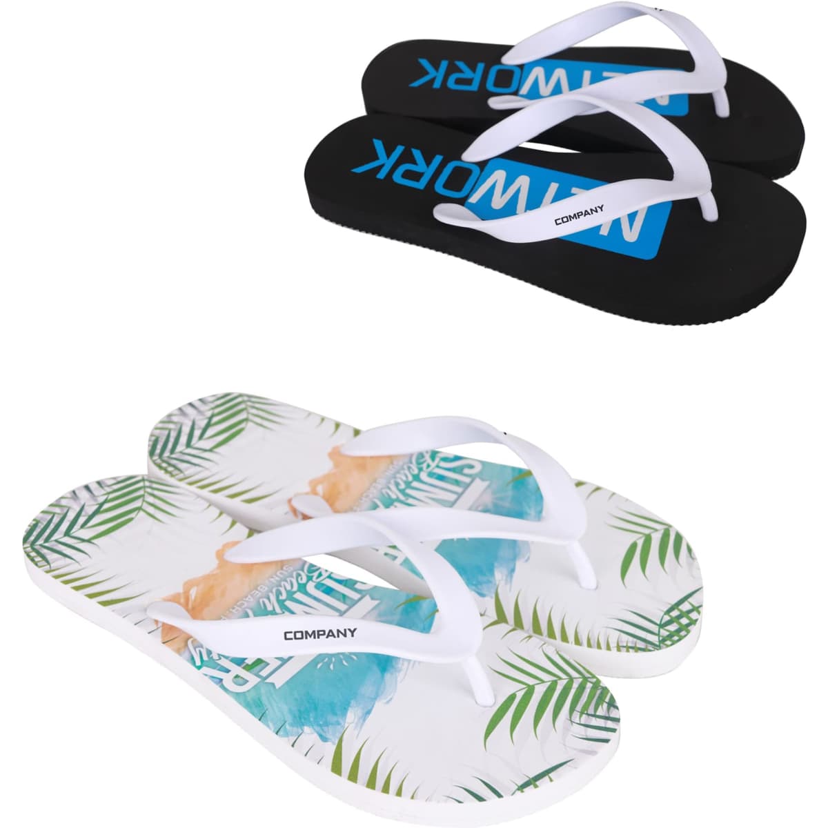 A pair of black thongs with white straps and a pair of flip-flops featuring a green leafy design and white straps.