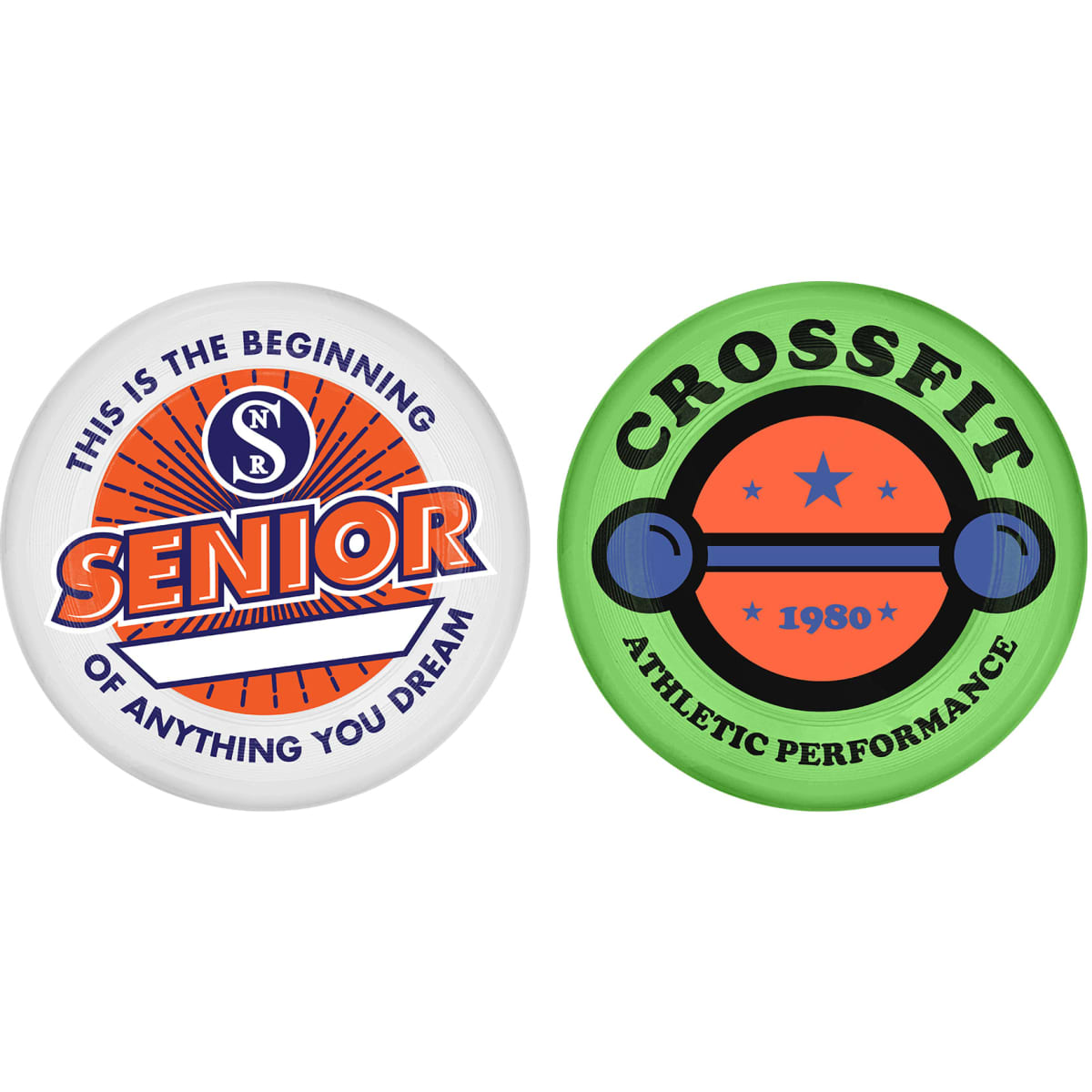 Two round buttons, one white and orange with "Senior" text, the other green and orange featuring "Crossfit" and a design.