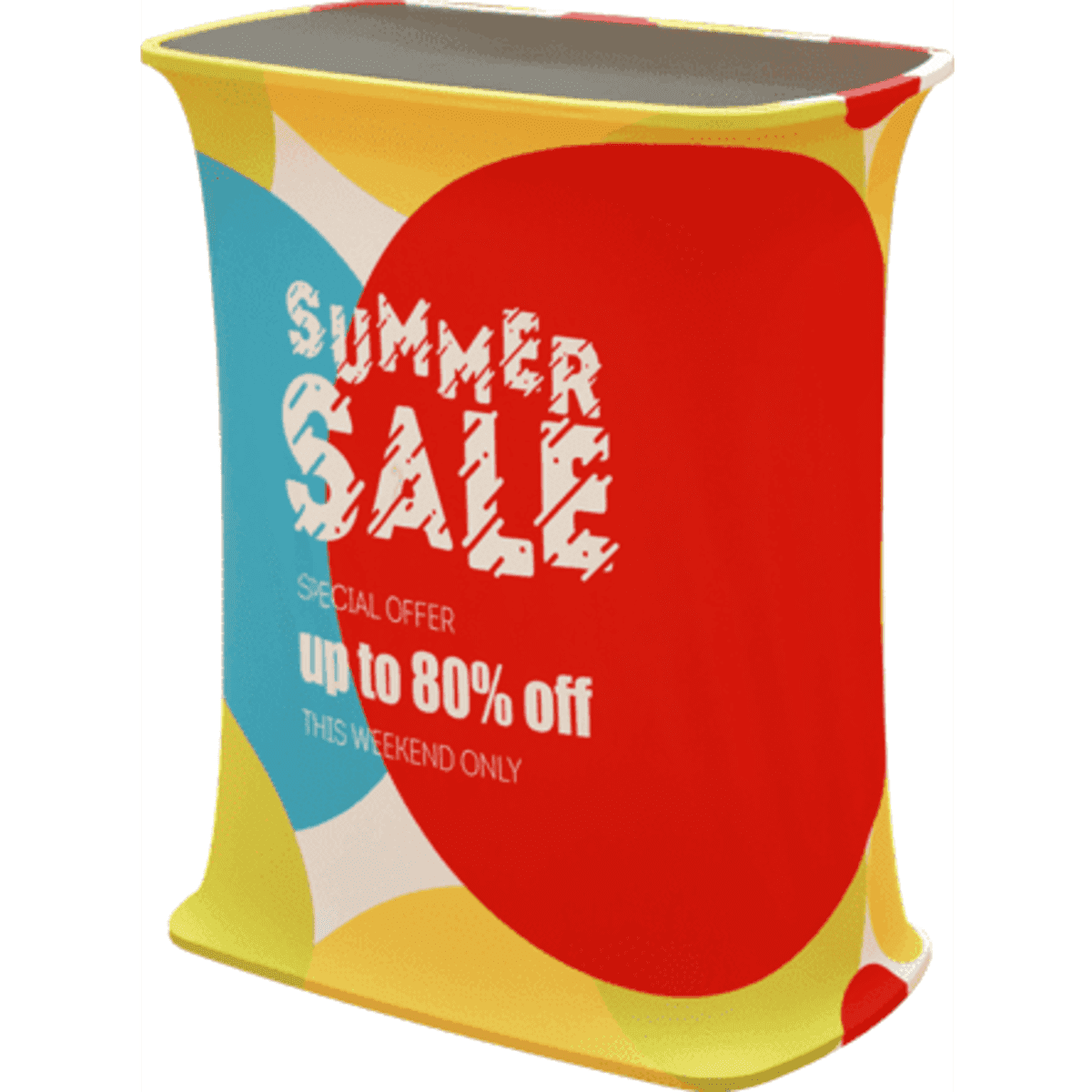 A square popup booth featuring vibrant red, yellow, and blue colours with an abstract design and branding.