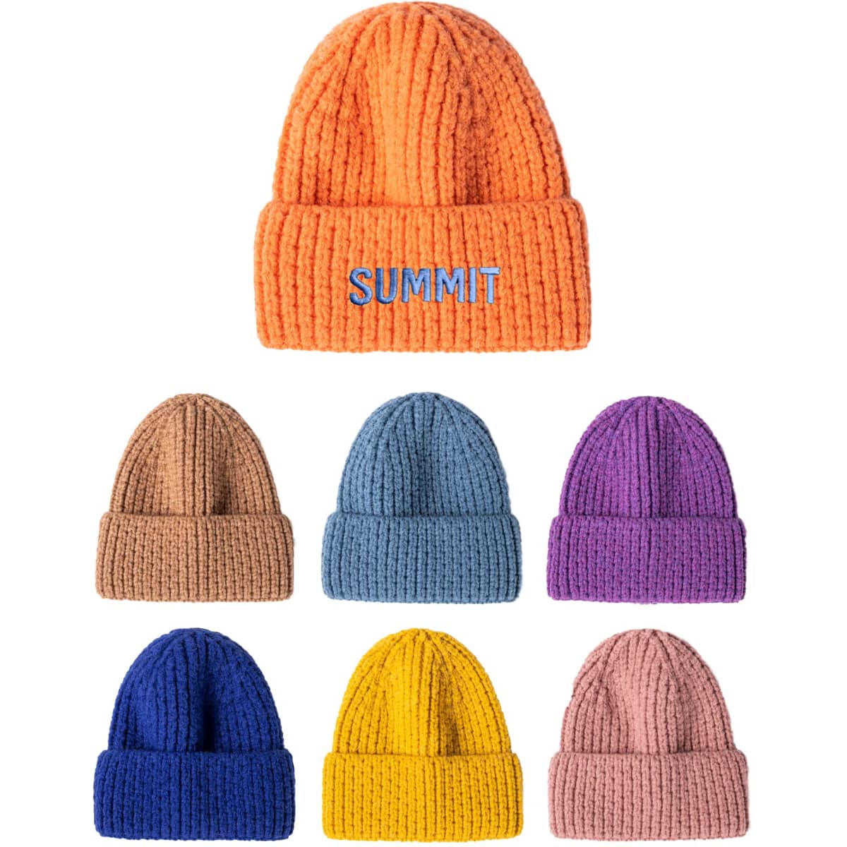 A collection of twisted cable cuffed beanies in orange, tan, blue, purple, navy, yellow, and pink. Each has a ribbed texture.