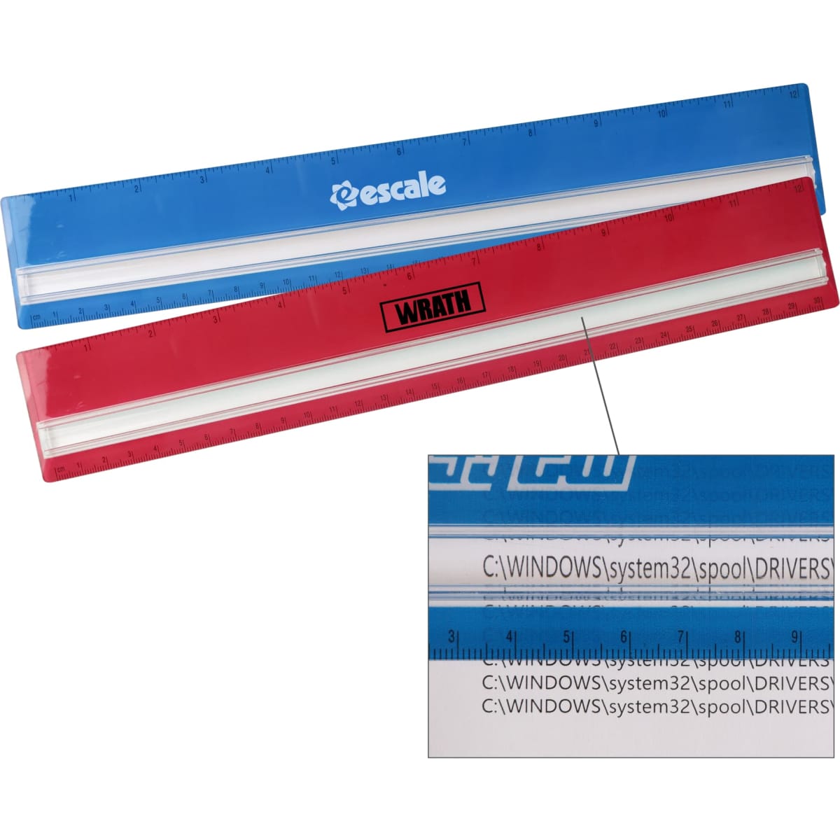 A red and blue dual scale magnifying ruler with a logo, featuring clear measurement markings.