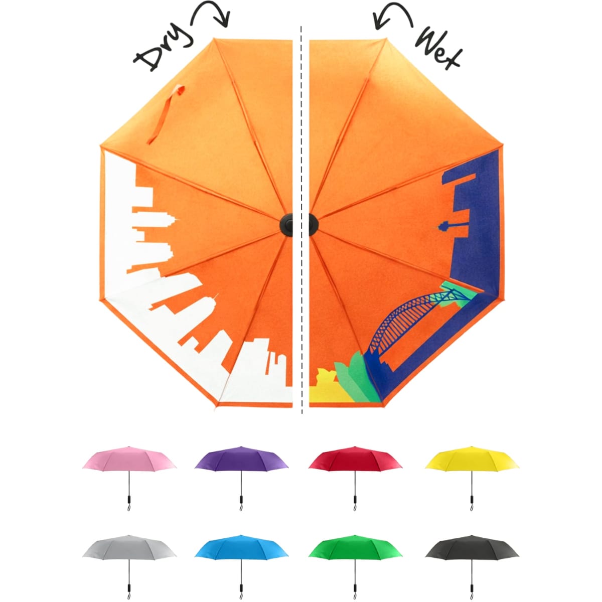 A 23'' colour changing umbrella displays an orange exterior with a skyline design, revealing vibrant colours when wet.