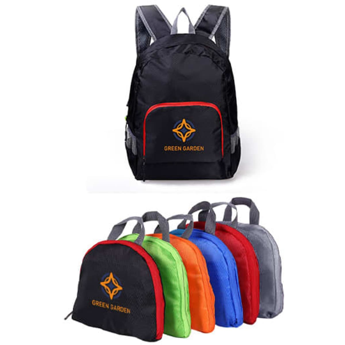 A collection of compact, foldable backpacks in black, green, orange, blue, red, and grey, each with a logo.