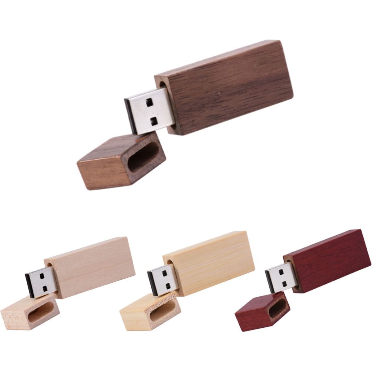 A wooden flash drive in various shades, including light brown, dark brown, and red. It features a removable cap and a logo.