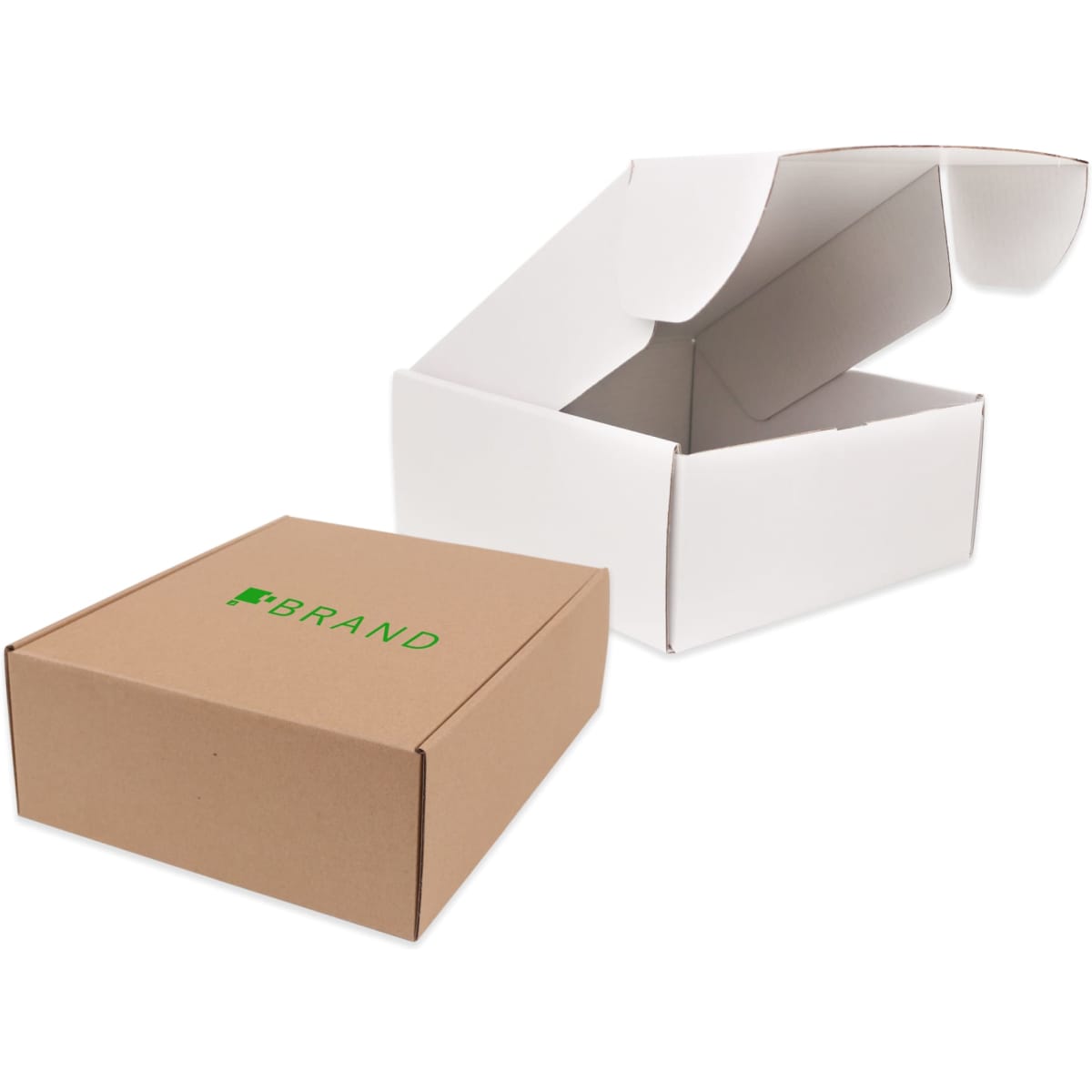 A small brown cardboard box and a white open shipper box, both featuring a logo.