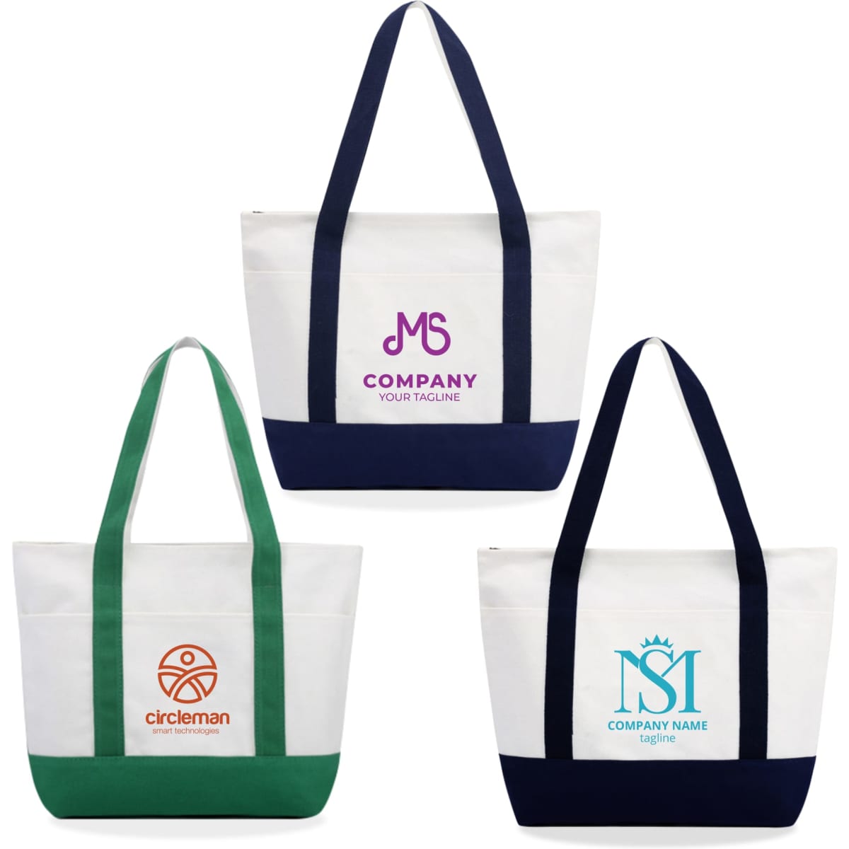 Three large canvas tote bags featuring white fabric with green, navy, and orange accents, each with a logo.