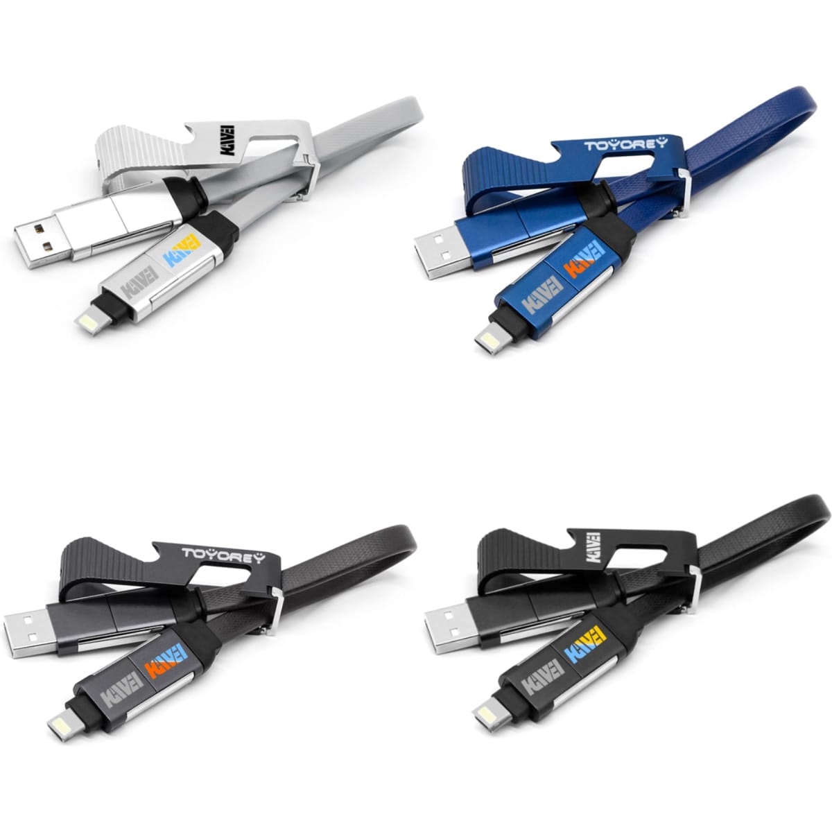 A set of four charging cables in silver, blue, black, and grey, each with a phone stand and opener feature.