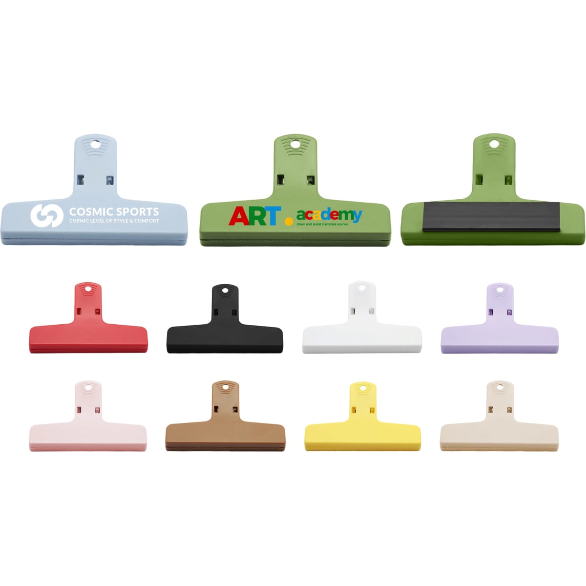 Plastic magnetic clips in various colours including green, blue, pink, black, white, purple, and yellow, featuring logos.