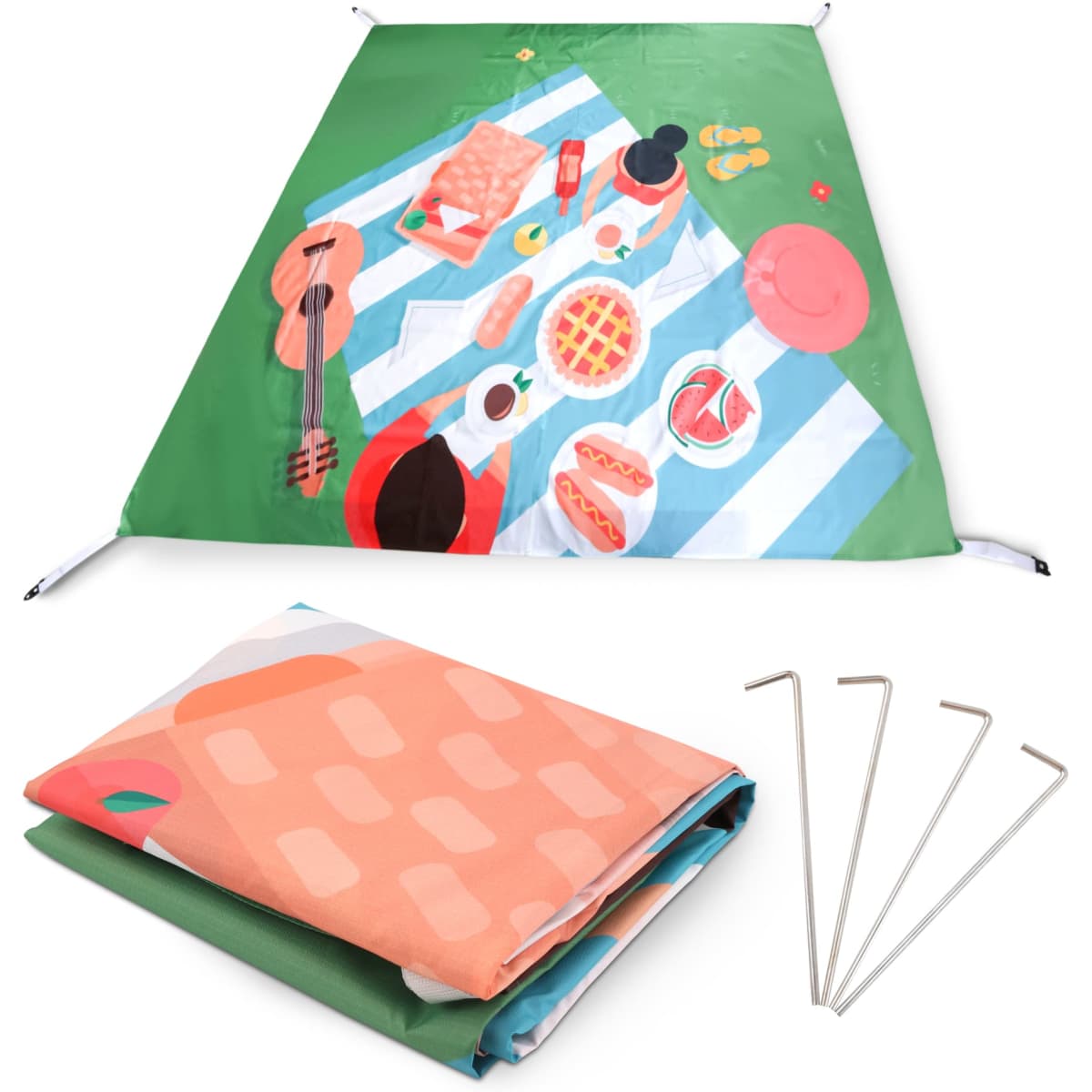A rectangular outdoor blanket in green, featuring a picnic design, folded with stakes included.