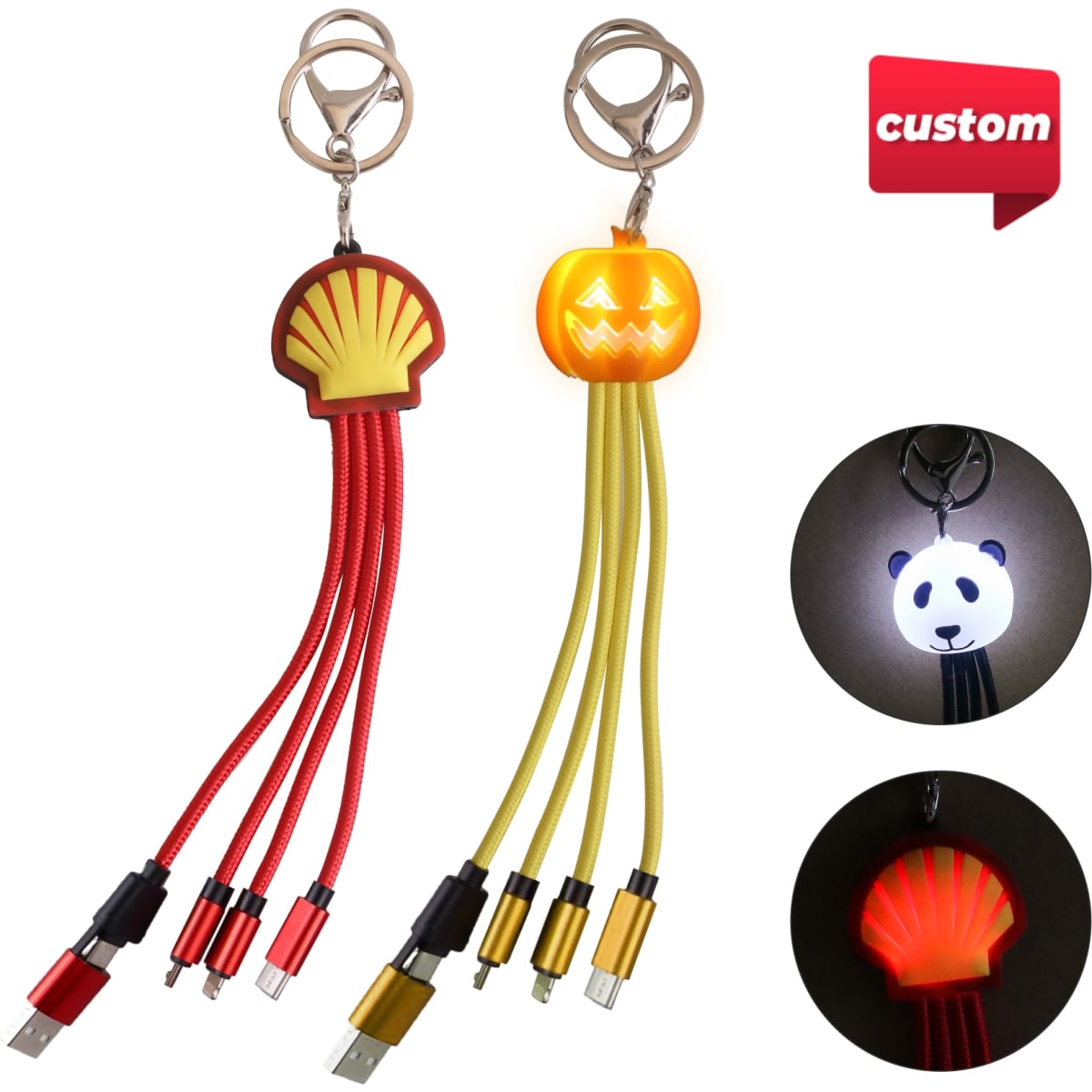 Custom shape light-up charging cables in red and yellow with keyring attachments, featuring various fun designs.
