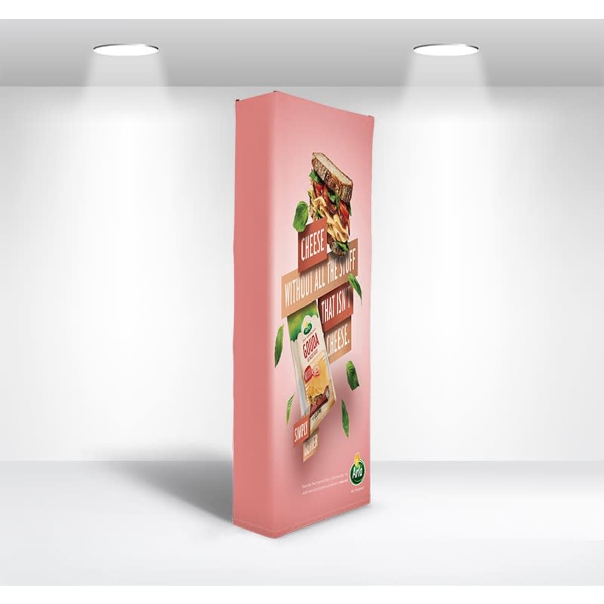 A straight fabric popup display featuring a sandwich and cheese design, with a pink background and a logo.