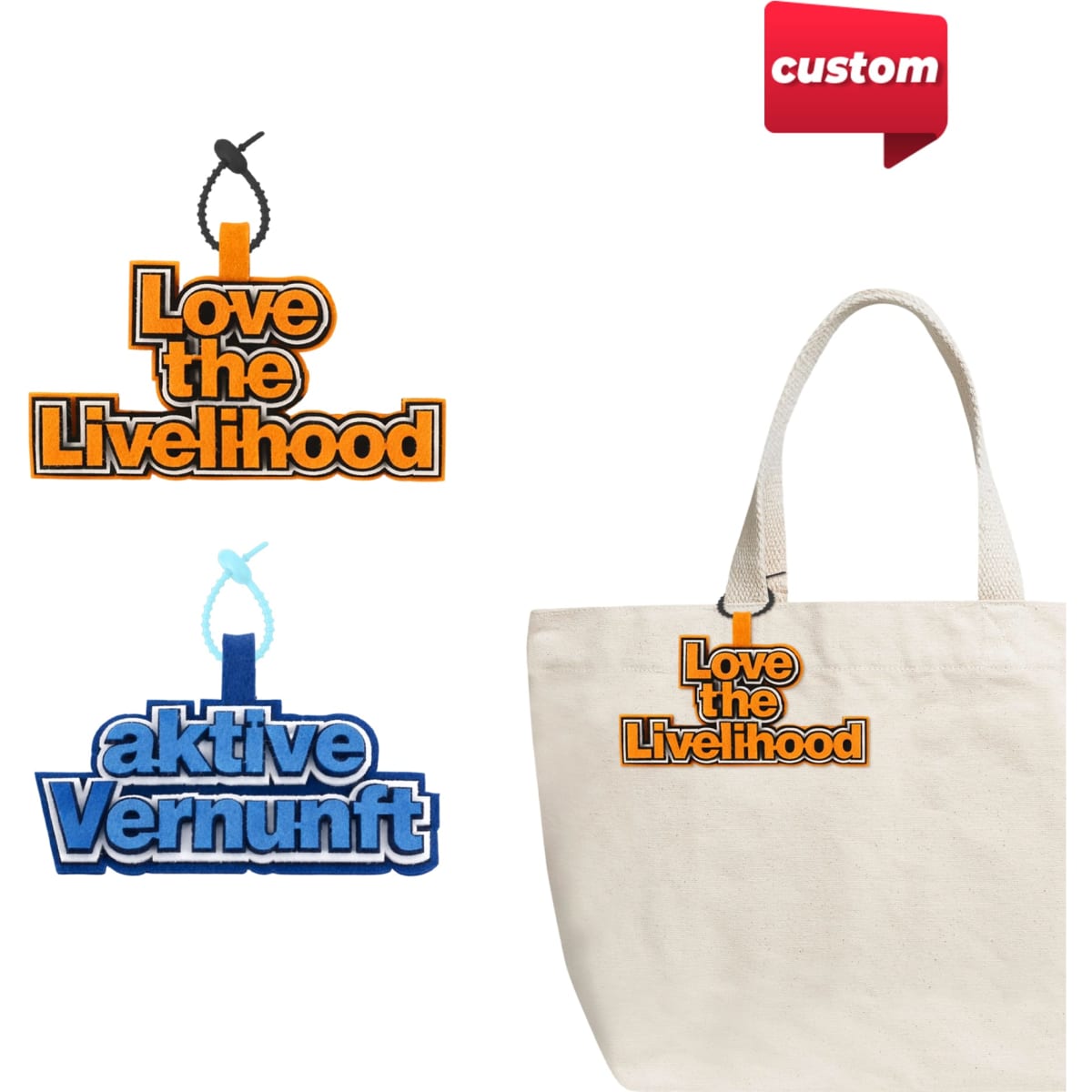 Two custom felt hanging tags in orange and blue, featuring logos, attached to a cream-coloured tote bag.