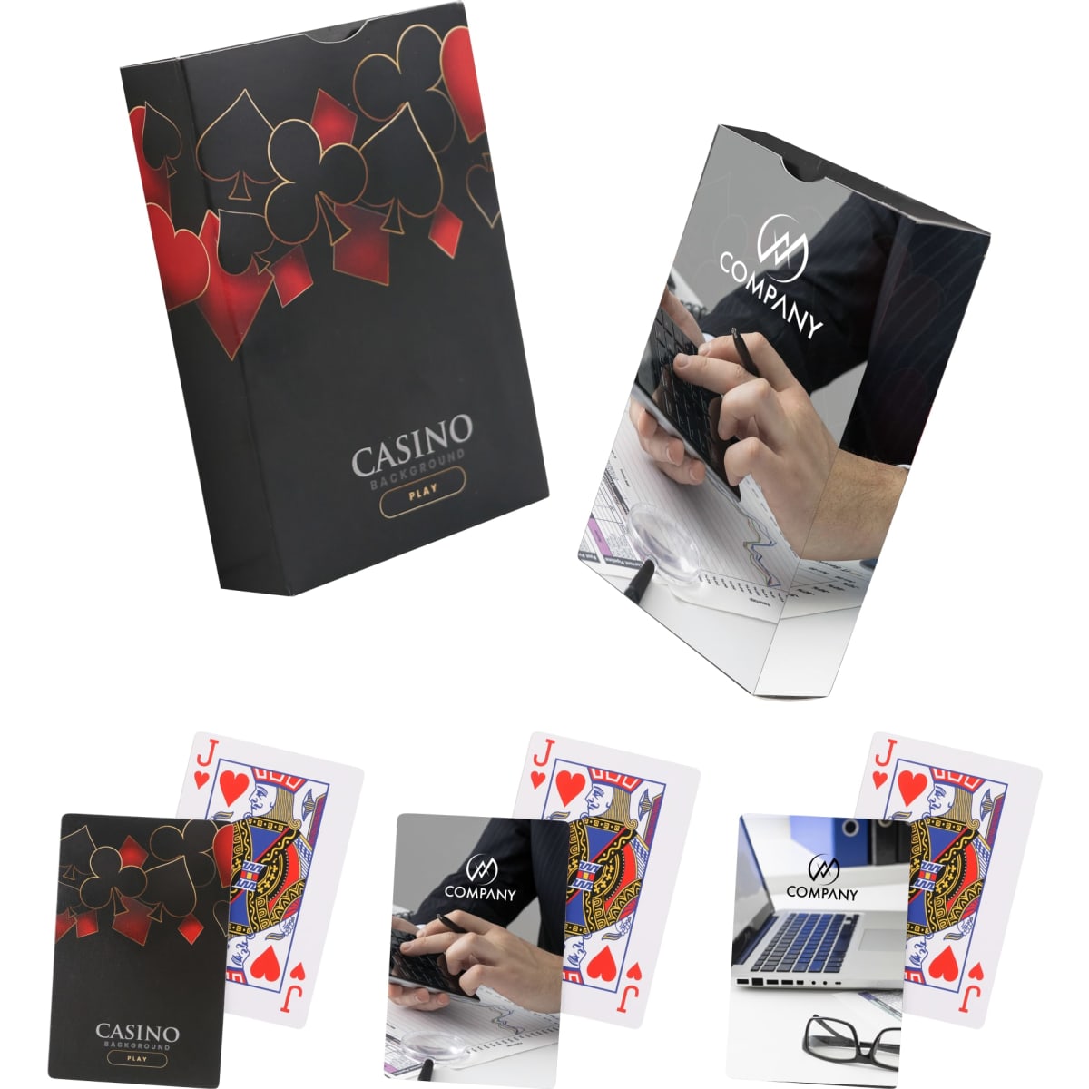 A set of custom playing cards in a black box featuring red and black designs, including a logo and playing card images.