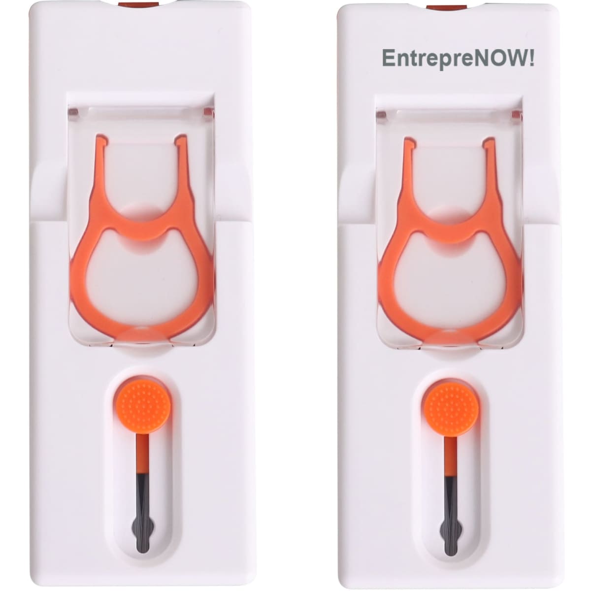 A white cleaning device with orange accents, featuring two compartments and a logo on the top.