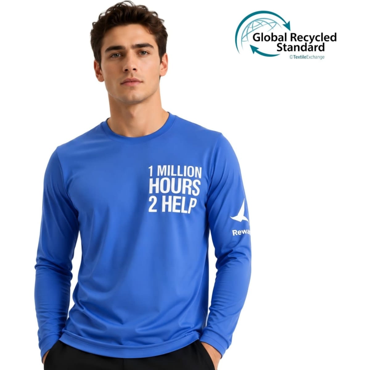 A blue unisex long-sleeve shirt with a crew neck, featuring a logo and text on the front.