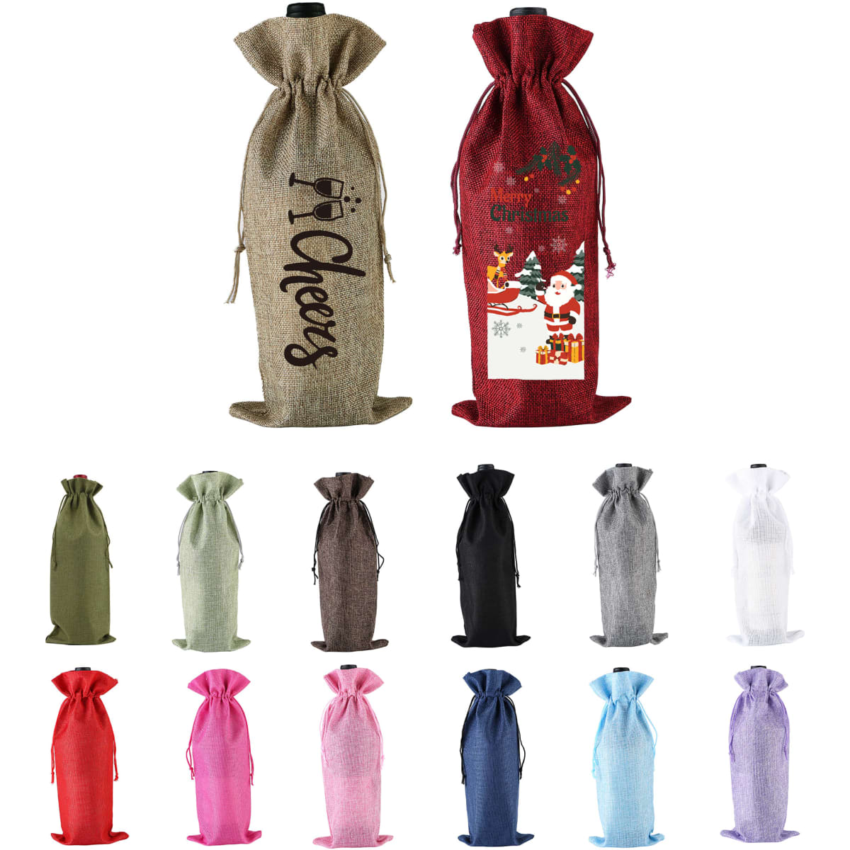 A collection of wine drawstring bags in various colours, including red, green, grey, black, pink, and white, with a logo.