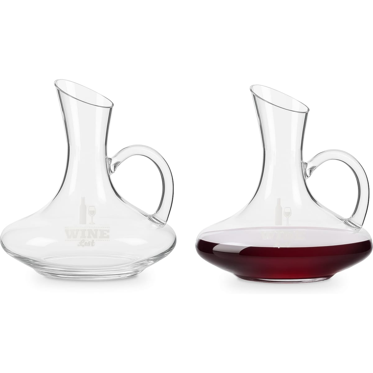 A glass handled wine decanter featuring a curved design, with one decanter displaying red wine. Both have a logo.