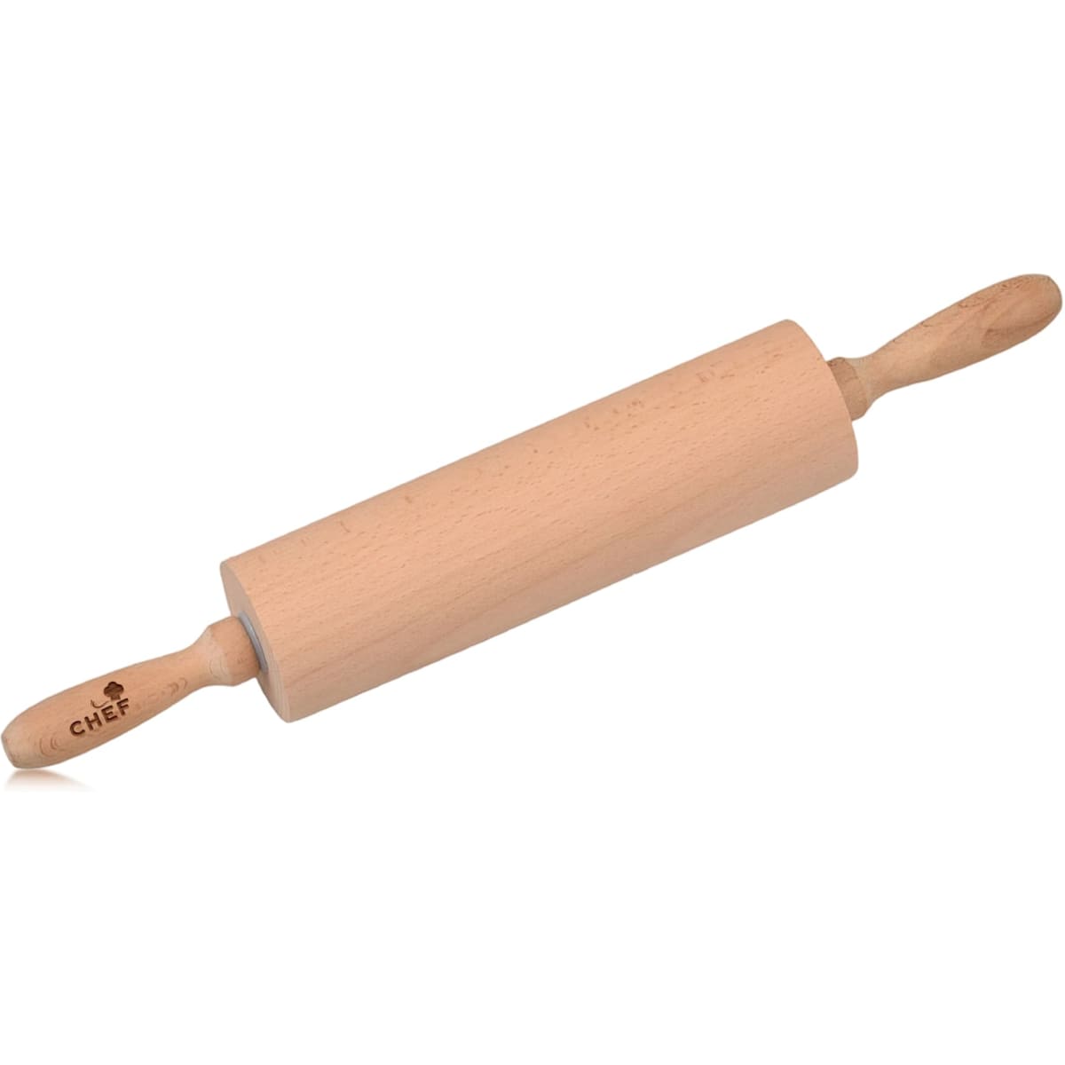 A wooden rolling pin with light tan wood and handles on each end. It features a logo on one handle.