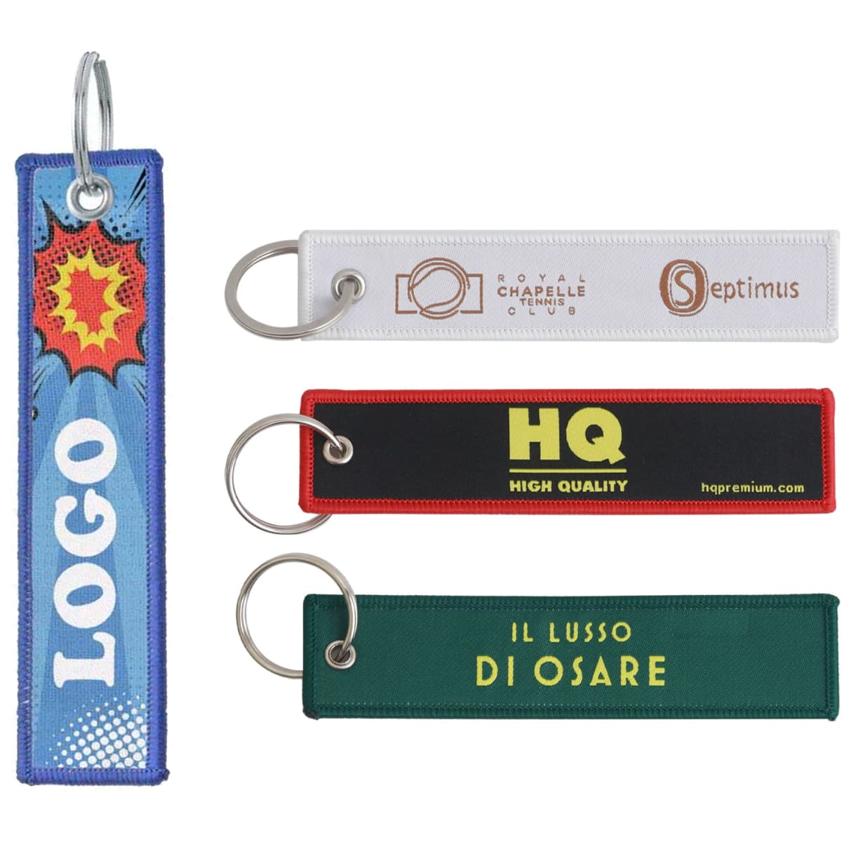 Woven key tags in various colours, featuring different designs and a metal keyring attachment.