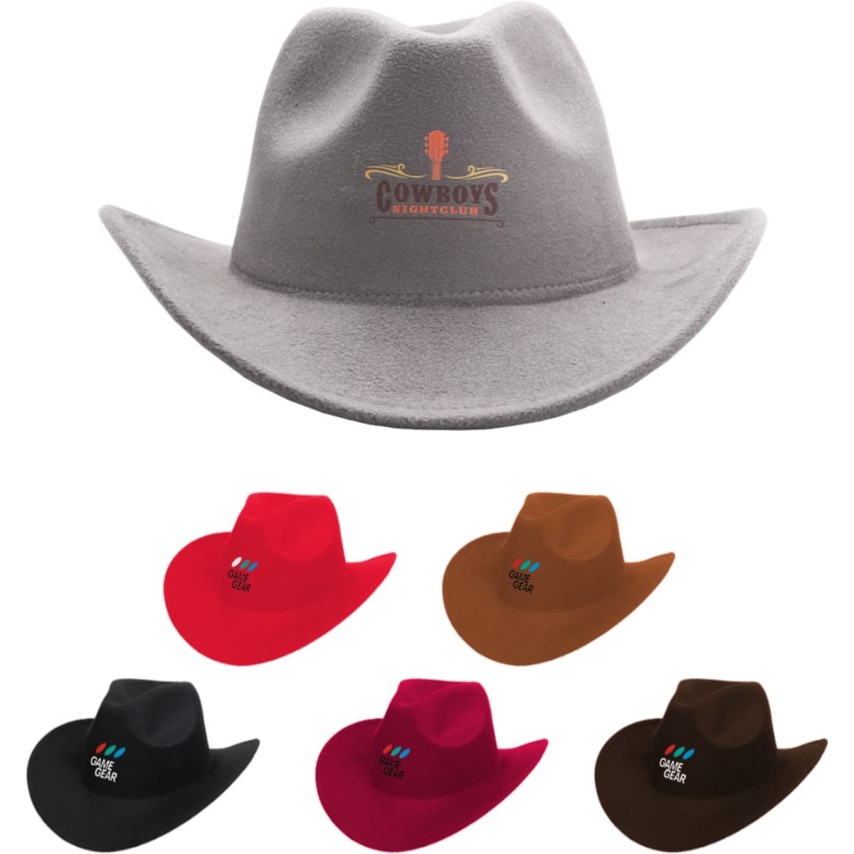 A Classic Felt Fedora Cowboy Hat in grey, with options in black, red, brown, and maroon. Features a logo.