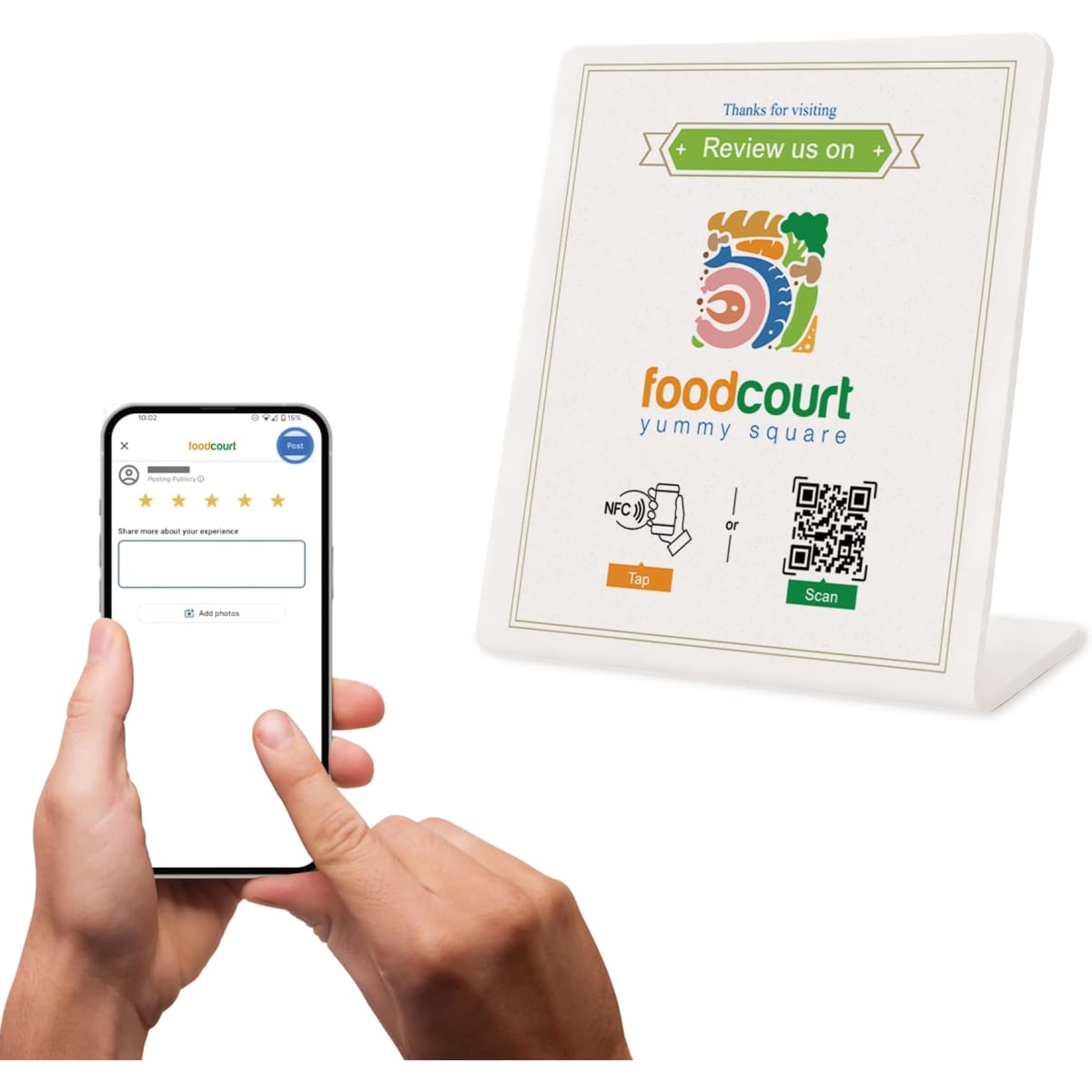 A white NFC review stand displays a QR code, next to a hand holding a smartphone with a review interface.