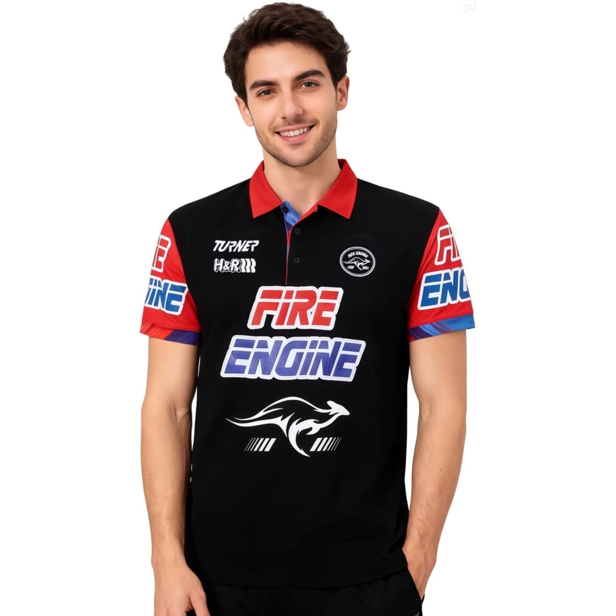 A man is wearing a black polo shirt with red and blue accents, featuring various branding logos.